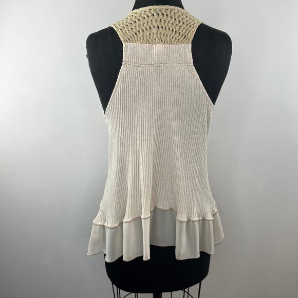 TINY Cream Fringe Semi-Sheer Trim Ribbed Knit Cotton Blend Sleeveless Vest XS? - Picture 2 of 8